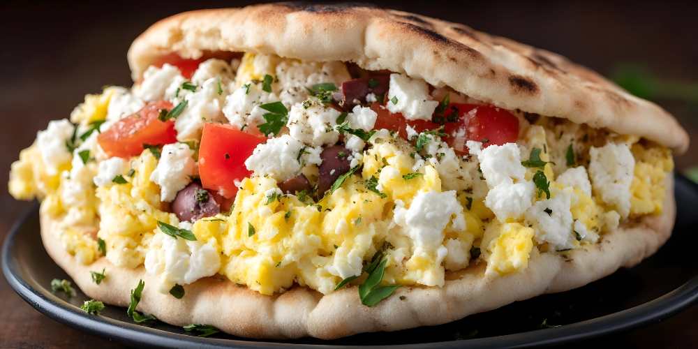 Scrambled eggs feta cheese tomatoes and olives pita bread sandwich, serve in a black plate , side view close-up.