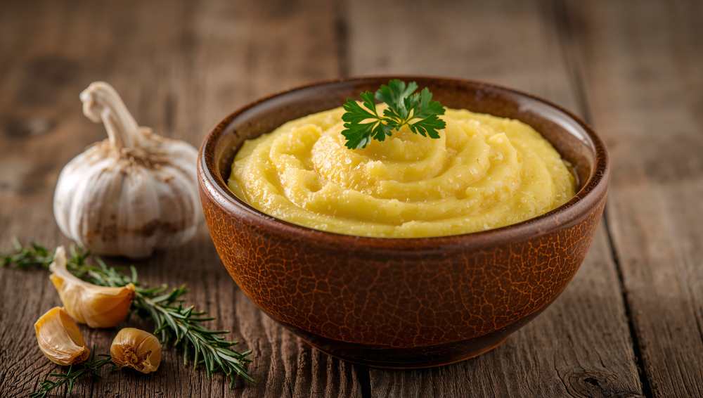 Skordalia, A potato Greek dip serve in a brown rustic bowl with Garlic and rosemary on the side , on top of a wooden table, close-up side view.