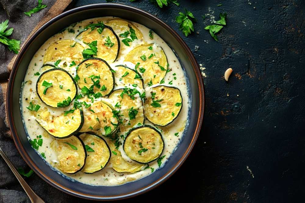 Slices of fried zucchini with creamy garlic sauce and parsley topping, serve in a rustic black bowl on a black table.