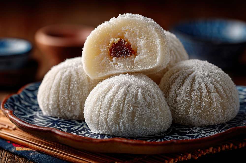 Soft Japanese rice cakes called Daifuku, filled with sweet red bean paste, serve in a decor brown plate , close=up side view.