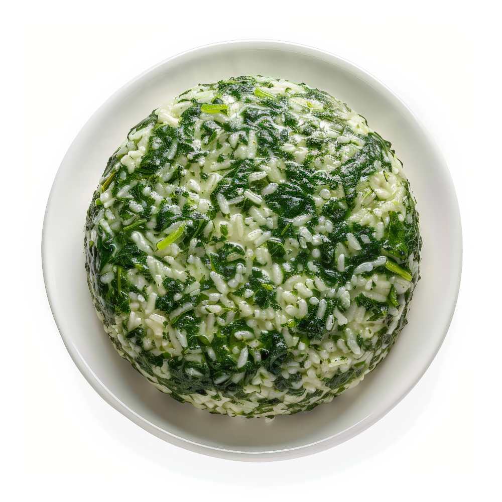 Spanakorizo, a Greek dish made with rice and spinach, serve in a white plate on a white background.