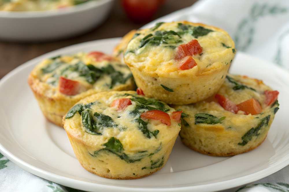 Spinach Tomato Egg Muffins serve on a white plate, close-up top view.