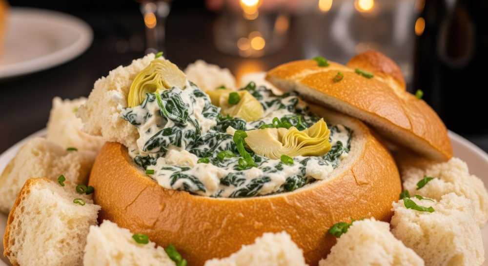 Spinach and artichoke dip served in a bread bowl, close-up top view
