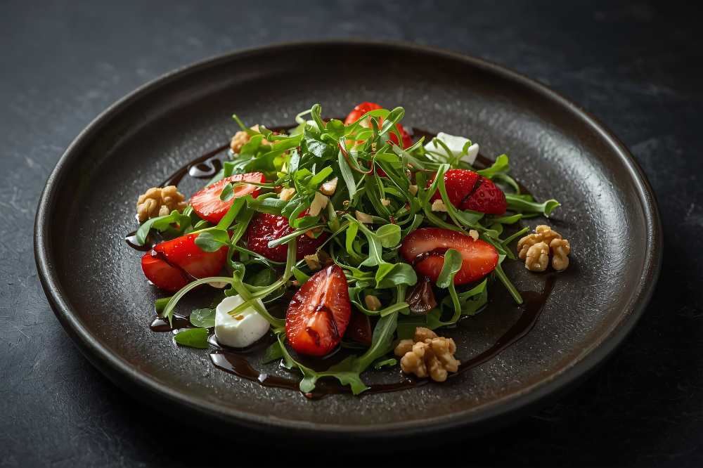 Strawberry Arugula Salad with Walnuts , Goat cheese and Balsamic Glaze, serve in a rustic black plate. top close-up view.