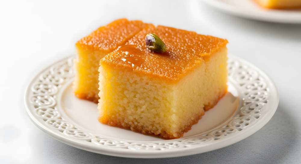 Sweet Turkish Semolina Cake Revani with Pistachio, serve on a white plate on a white background , close-up side view