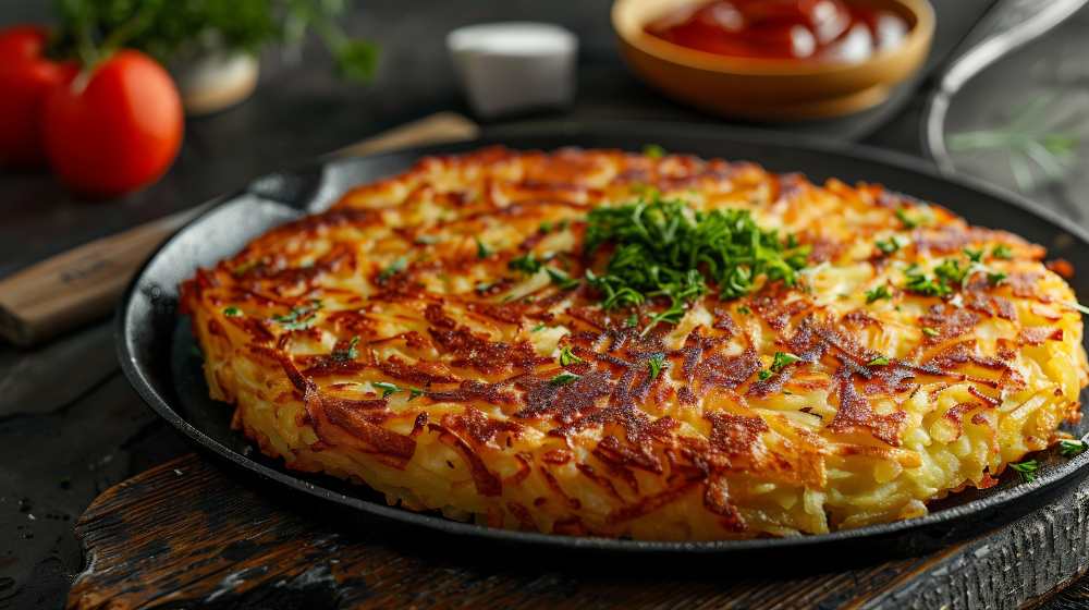 Swiss rosti serve in a cast iron pan with chap parsley on top , on a wooden table. close-up side view
