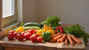 assortment of colorful vegetables including tomatoes, peppers, carrots, and zucchini arranged on a rustic wooden table near a bright window