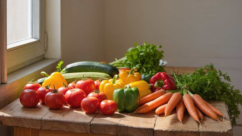 assortment of colorful vegetables including tomatoes, peppers, carrots, and zucchini arranged on a rustic wooden table near a bright window