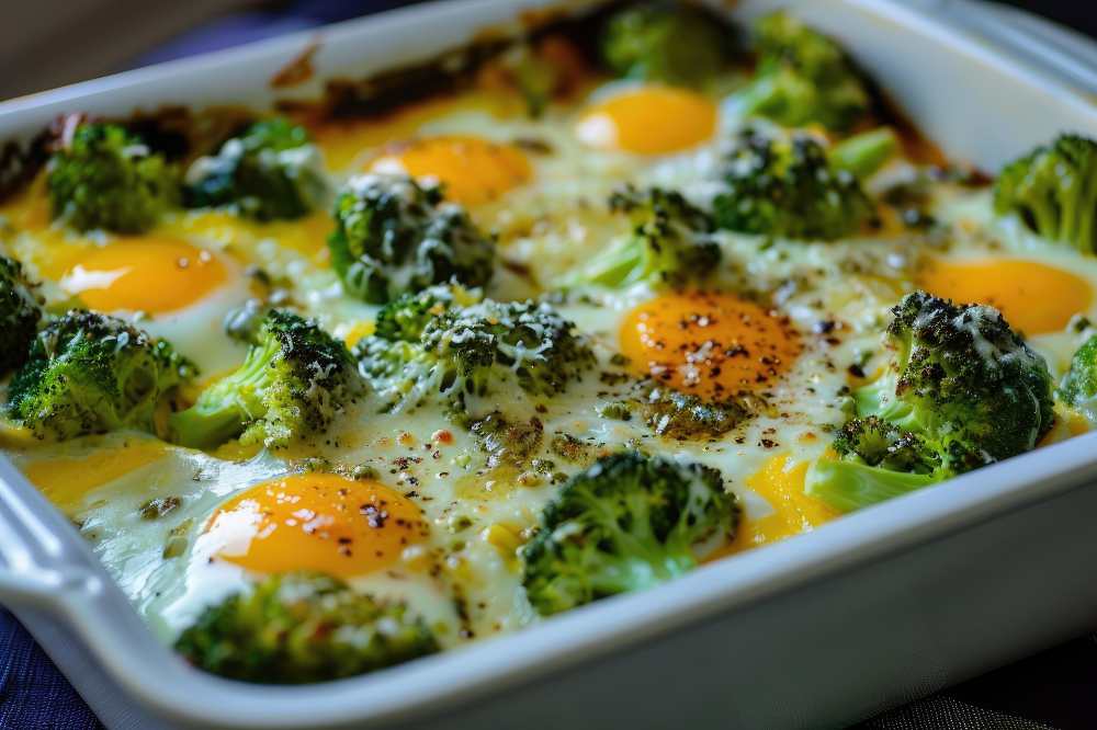 baked dish with broccoli, eggs, and cheese, serve in a white baking dish , top close-up view.