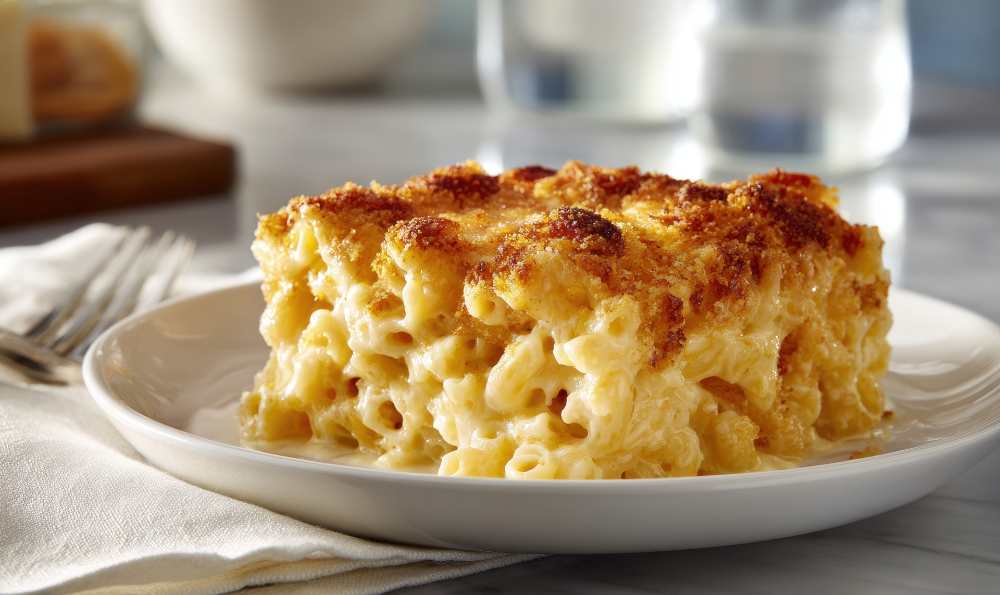 Mac & Cheese serve in a white plate in an elegant setting.