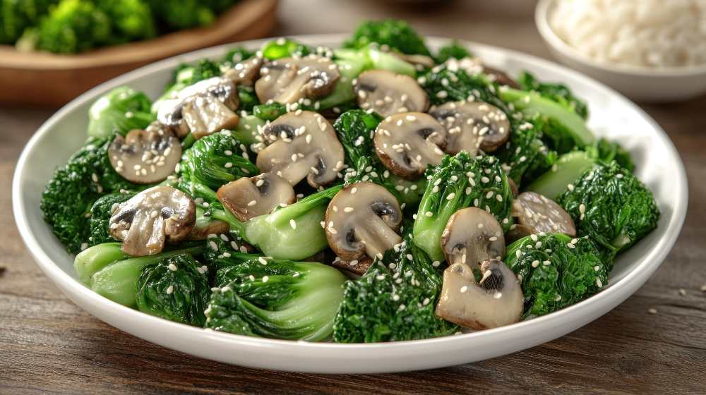 bok choy and mushroom stir fry with sesame on top, serve on a white plate with side of rice.