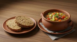 bowl of veggie soup with side bread on a wooden table