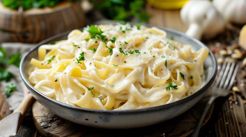 creamy fettuccine Alfredo with cheesy sauce garnished with parsley, serve in a rustic bowl on a wooden table.