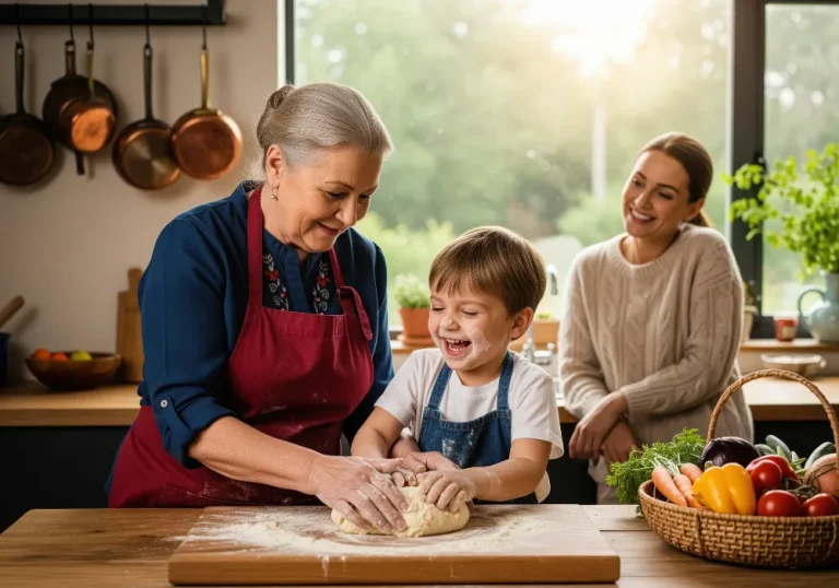 femily generation in the kitchen prepering meal the boy the grandmother and the mother watching