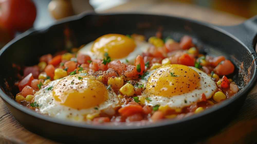 fried eggs are in a skillet with tomatoes and corn, serve in a cast iron , close-up side view.