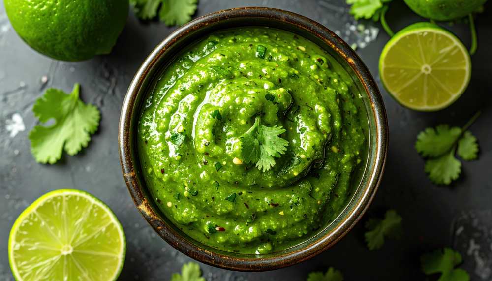 green salsa serve in a small rustic bowl with side of lime and cilantro, on a black counter , top view close-up.