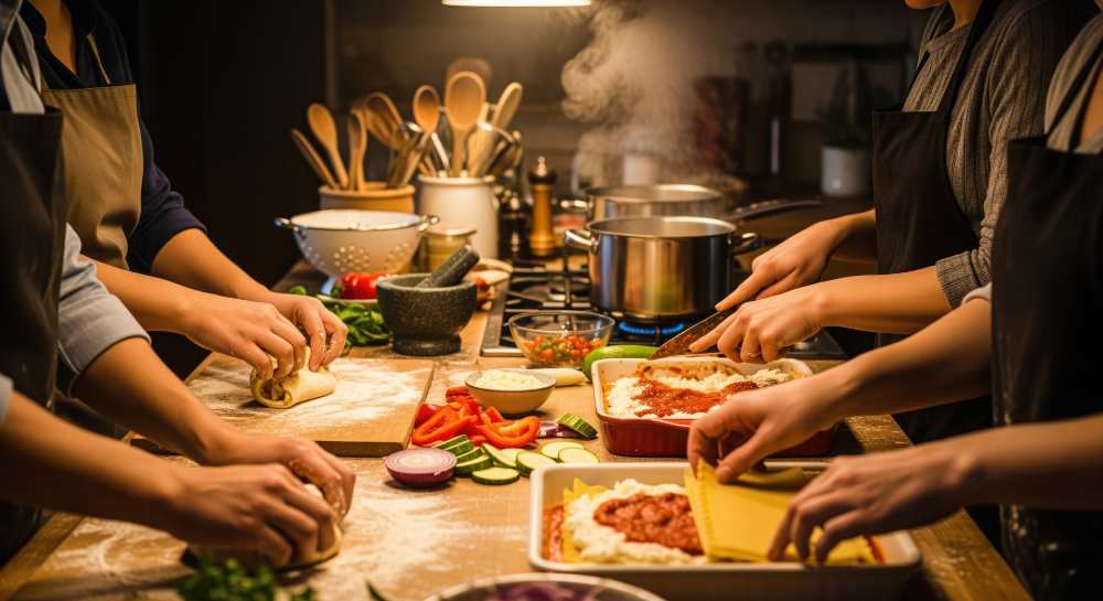 making Pasta dish in the kitchen as femily