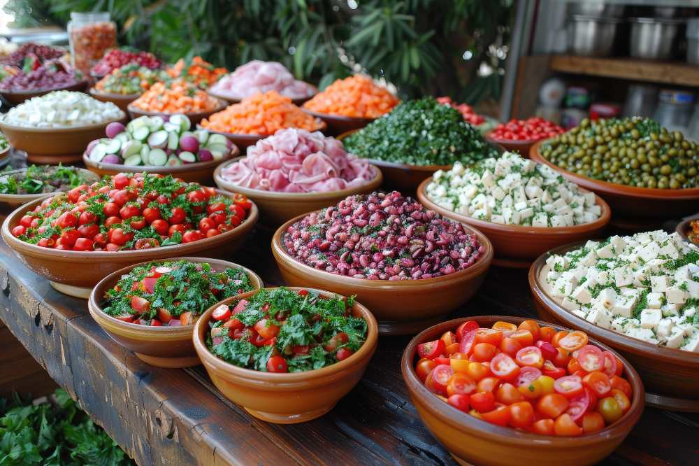 A collection of salads from different cultures displayed together.