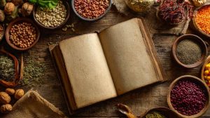 Ancient cookbook, handwritten recipe, and traditional spices on a rustic table.