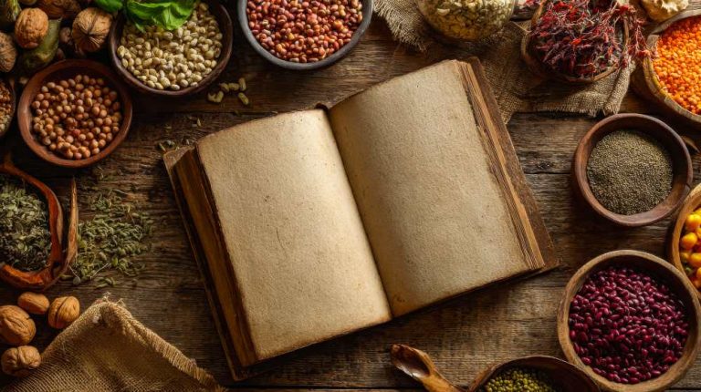 Ancient cookbook, handwritten recipe, and traditional spices on a rustic table.