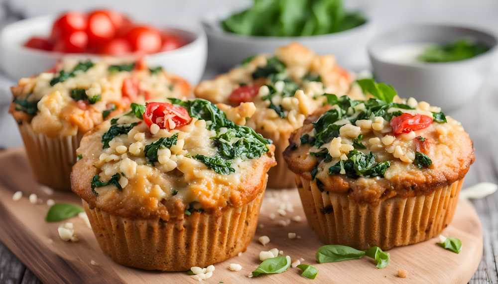 muffins with quinoa, cheese and spinach topped with tomato, on a wooden board , with cheese around close-up side view.