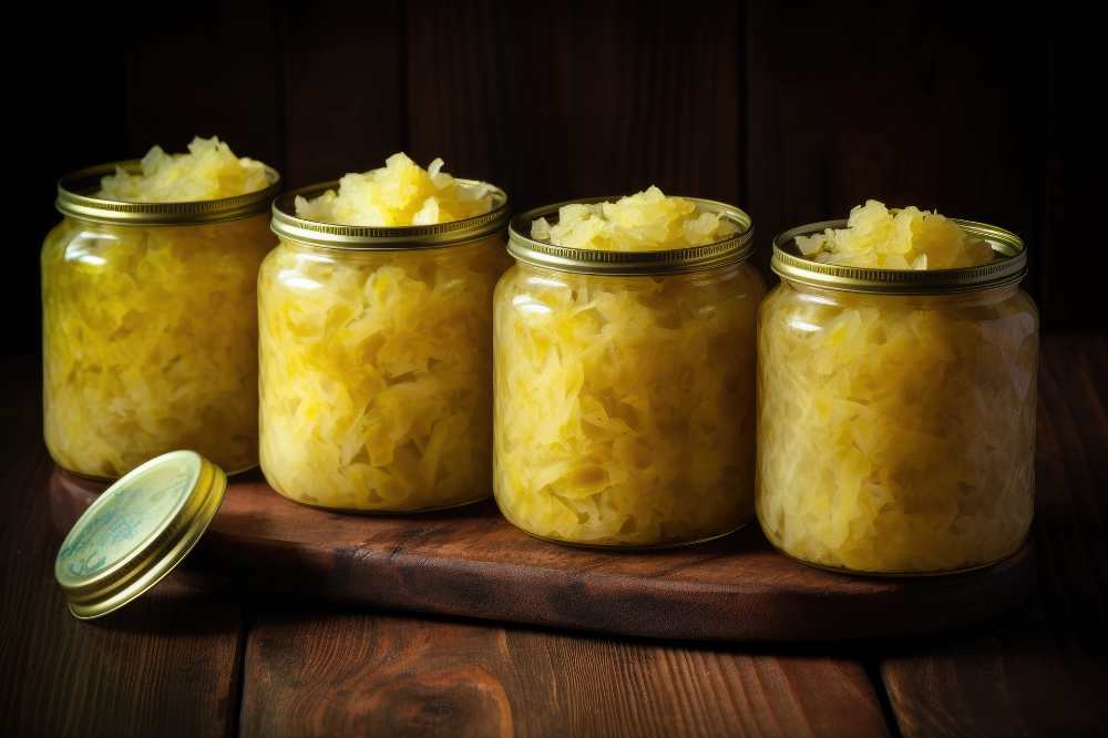 pickled cabbage. in an open mason jar on a wooden board.