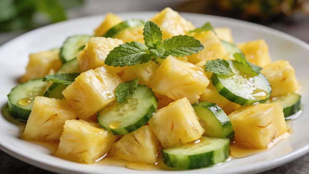 pineapple cube and slice cucumber salad top with mint, serve in a white plate , close-up side view.