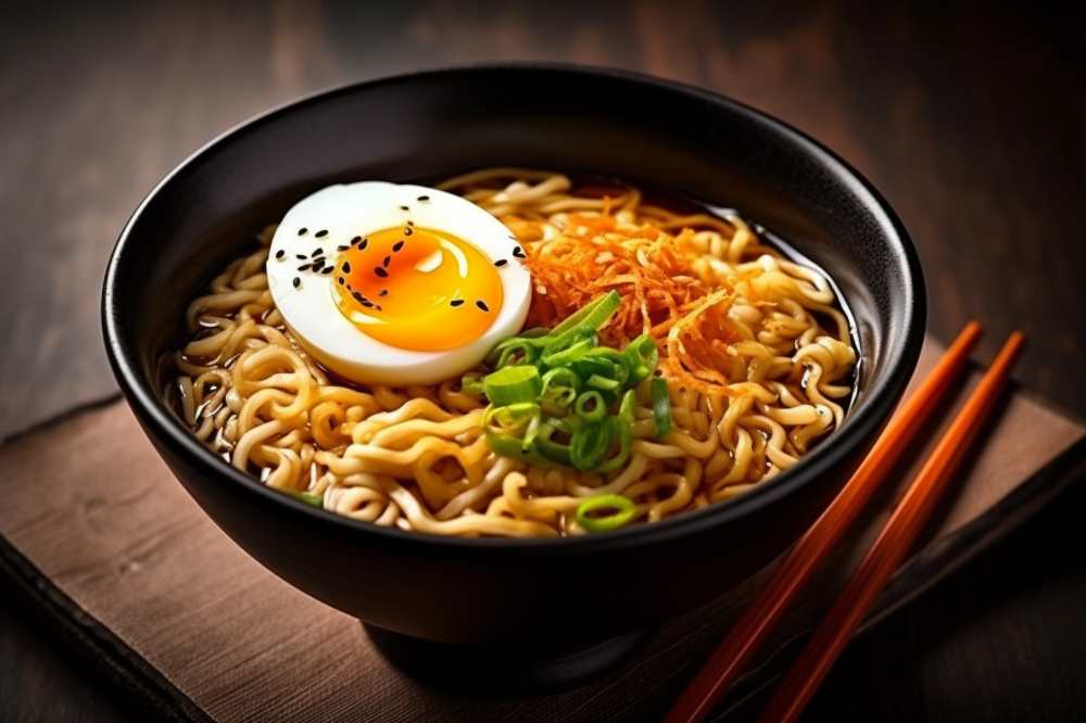 ramen vegetable noodle soup, serve in a black bowl. chopstick on the side, top view.