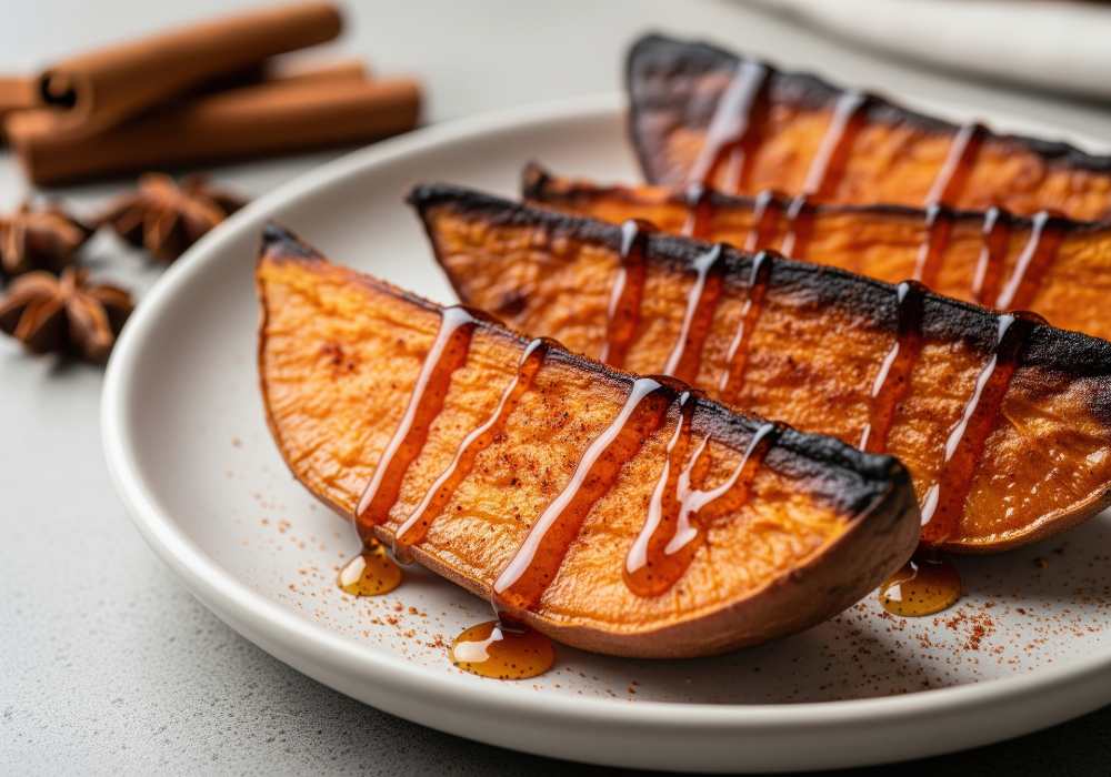 roasted sweet potato wedges drizzled with sweet maple syrup and cinnamon spice, serve in a white plate with cinnamon sticks on the side, a side close-up view.