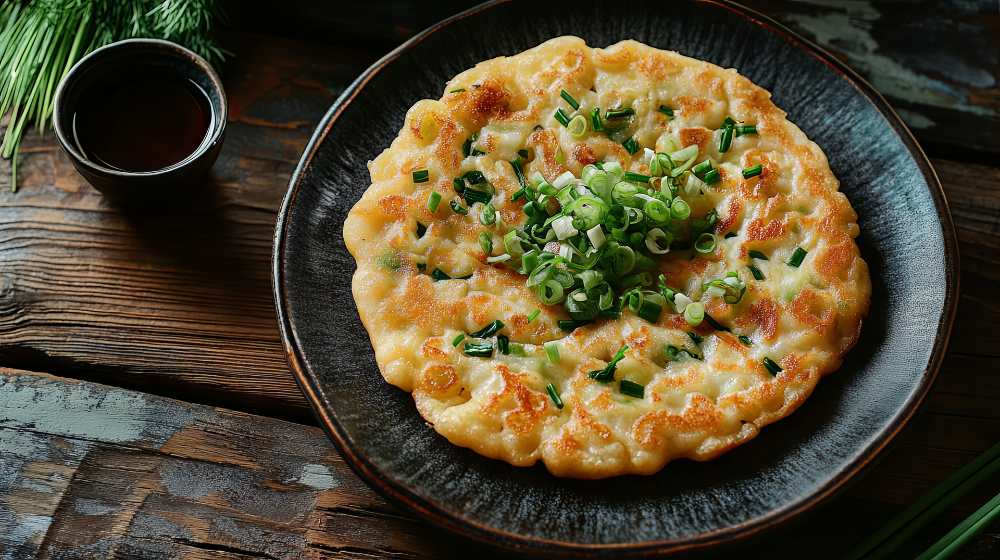 Korean pancake serve on a rustic plate with a side of soy sauce, on a wooden table.