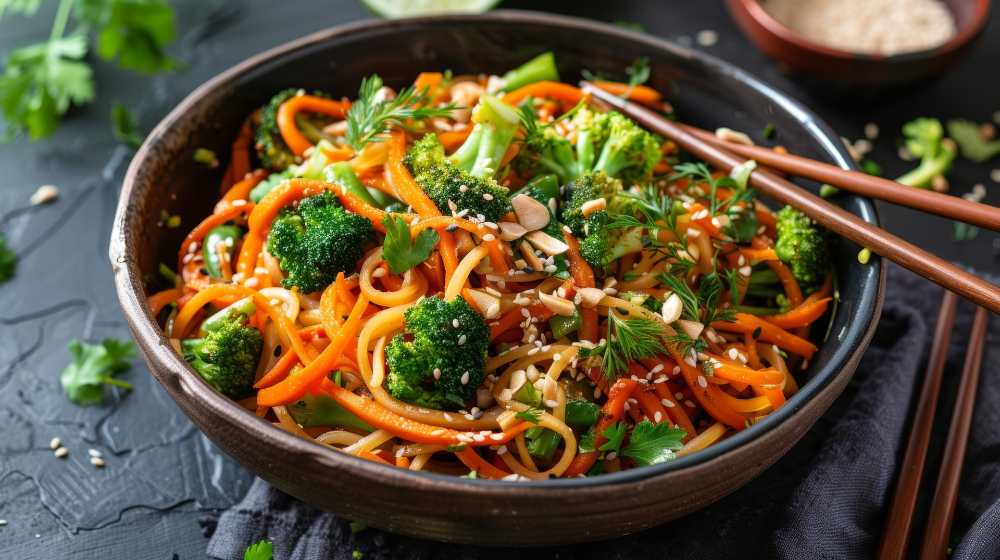 spiralized sweet potato noodles and rice noodles tossed in a tangy ginger soy sauce with crunchy broccoli and carrots, serve in a rustic brown bowl with chopstick , top view.