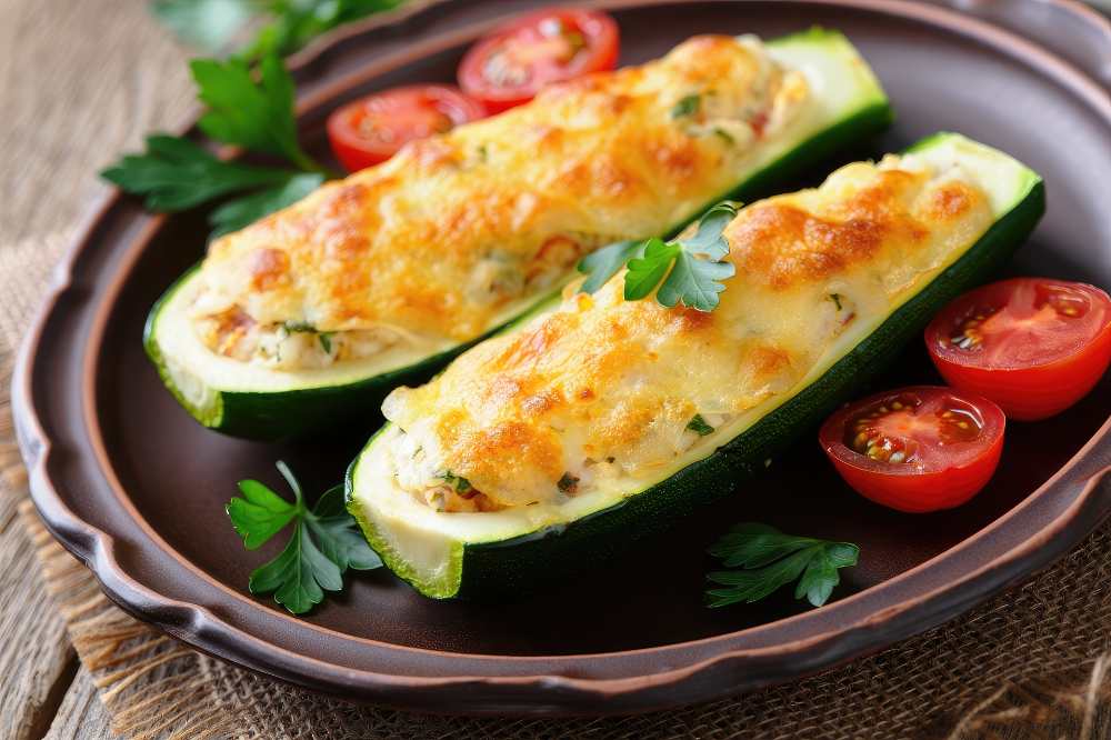 stuffed zucchini boats with melted cheese and cherry tomatoes on a rustic plate top with parsley.