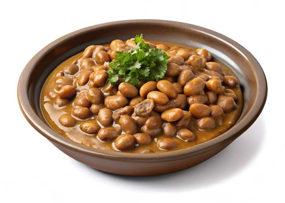 foul medames beans in a brown dish with parsley garnish, perfect for Middle Eastern cuisine, top with cilantro , serve in a brown bowl on a white background.