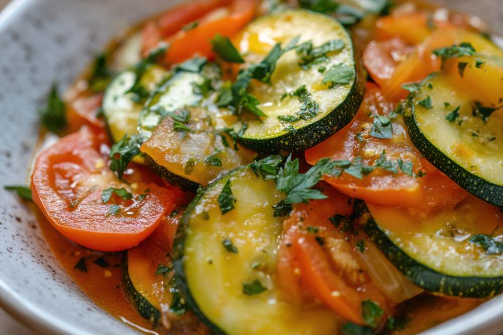 vegetable stew featuring tender zucchini slices, tomatoes, and fresh parsley, served on a white plate plate.
