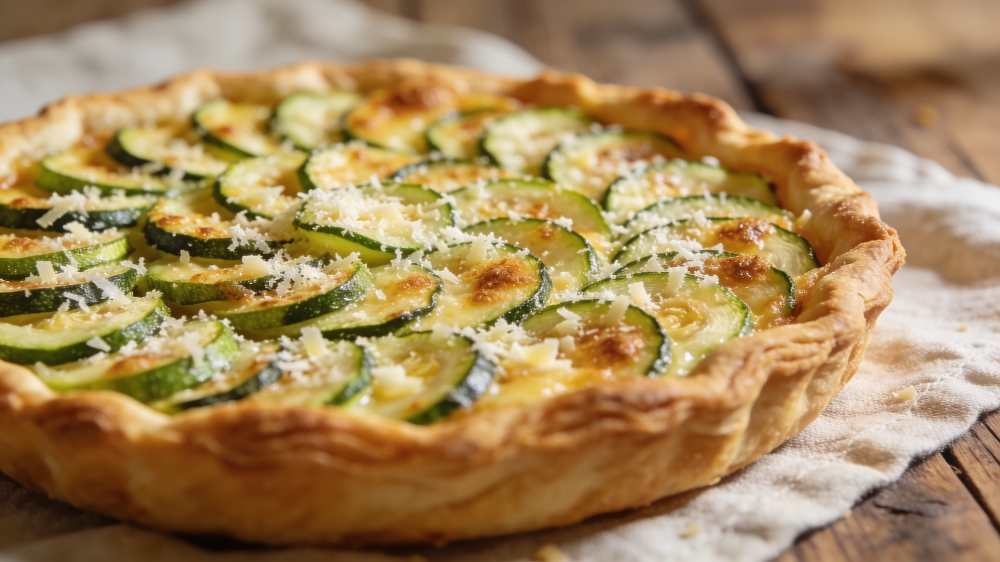 zucchini and pecorino tart, on a towel on a wooden table, close-up side view.
