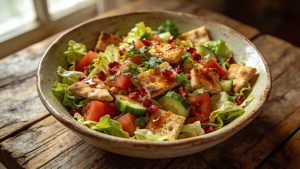 Fatoush Salad serve in a rustic green bowl, sit on a wood table by the window, close-up top view.