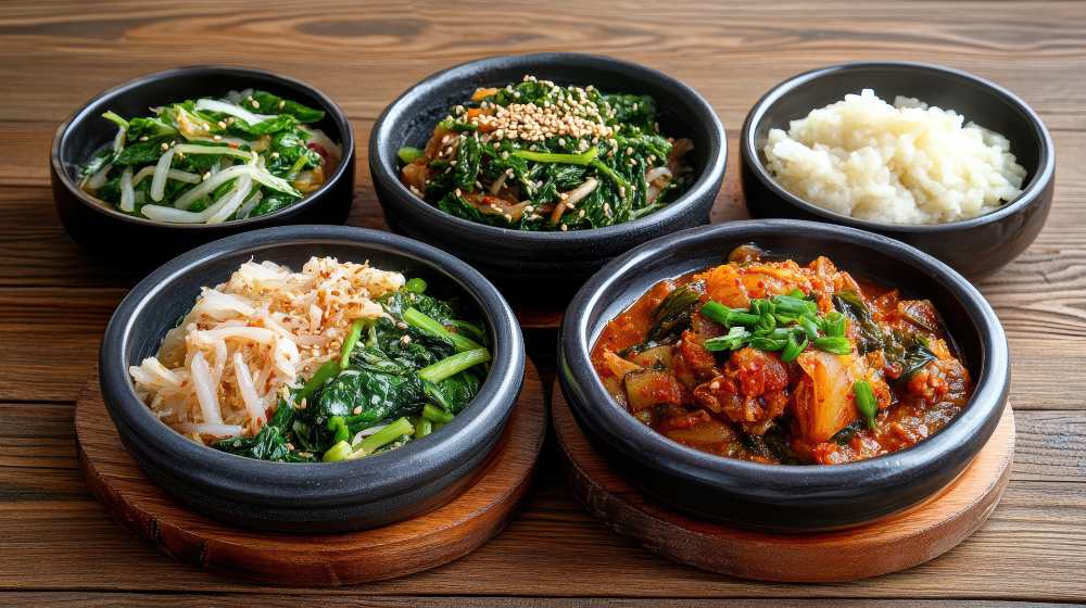 Four bowls of food are on a wooden table, close up top view.
