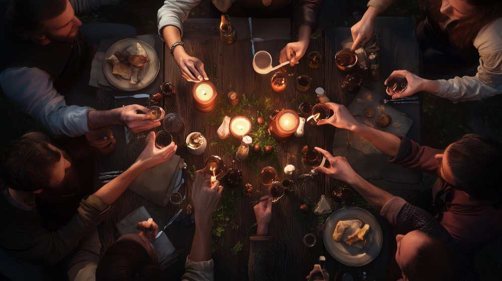 Gathering of friends celebrating with food and drinks at a rustic outdoor table