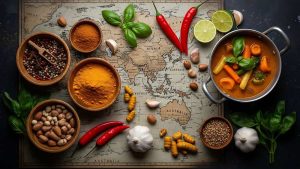 Global Cuisine Spices, Vegetables, and World Map