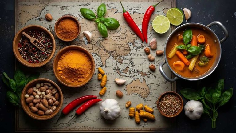 Global Cuisine Spices, Vegetables, and World Map