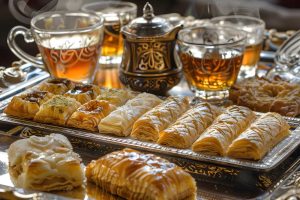 Golden baklava, date-filled ma'amoul, and crisp kunafa served with steaming pot of aromatic tea