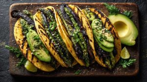 Grilled Asparagus and Avocado Tacos serve on a cutting board sit on a rustic black counter, with half avocado on the side, close-up top view.