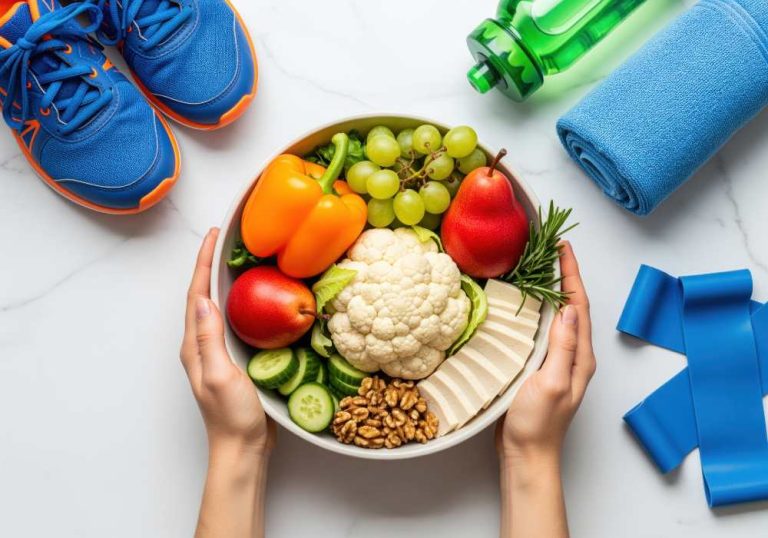 Hand holding fresh vegatable with workout shoes and folding mat on the side