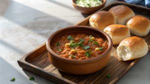 Indian Dish Pav Bhaji Served With Soft Dinner Rolls In Wooden Tray on kitchen counter, close-up top view