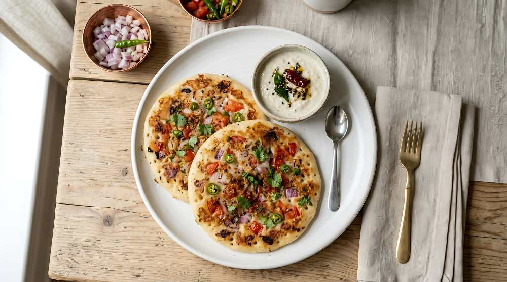 Indian Uttapams Topped with Onions, Tomatoes, Chilies, Served with Fresh Coconut Chutney and diced red onion, serve in a white plate with a small spoon and fork on the side, top view.