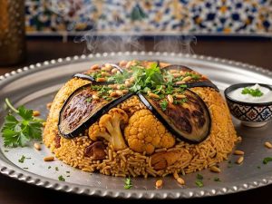 Maqluba with Eggplant and Cauliflower. top with pine nuts and parsley, serve on on silver tray with side of yogurt , close-up top view