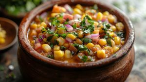 Mexican corn salsa in a rustic bowl, close-up top view.