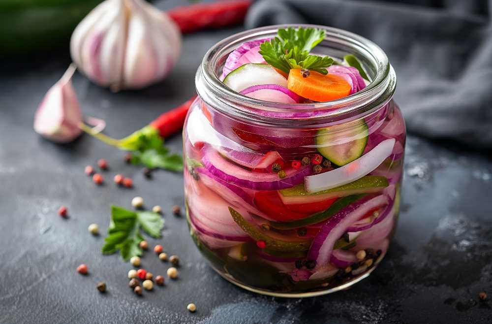 Pickled vegetables with red onions, cucumbers, carrots, garlic, and peppercorns, serve on a rustic black table with garlic and chili on the side, close-up top view