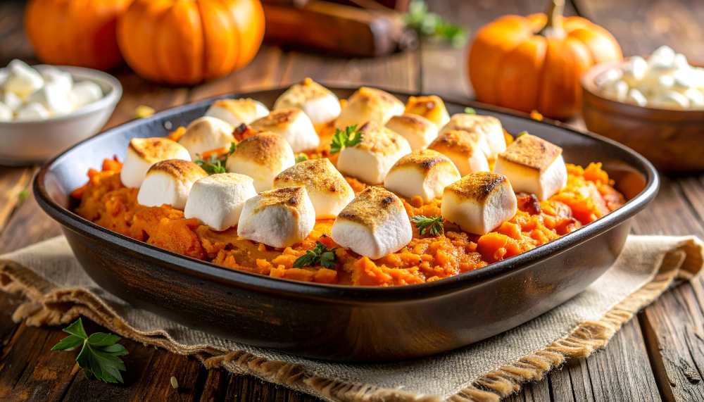 Sweet Potato Casserole with Marshmallows, serve in a baking dish in a thanksgiving setting, close-up side view