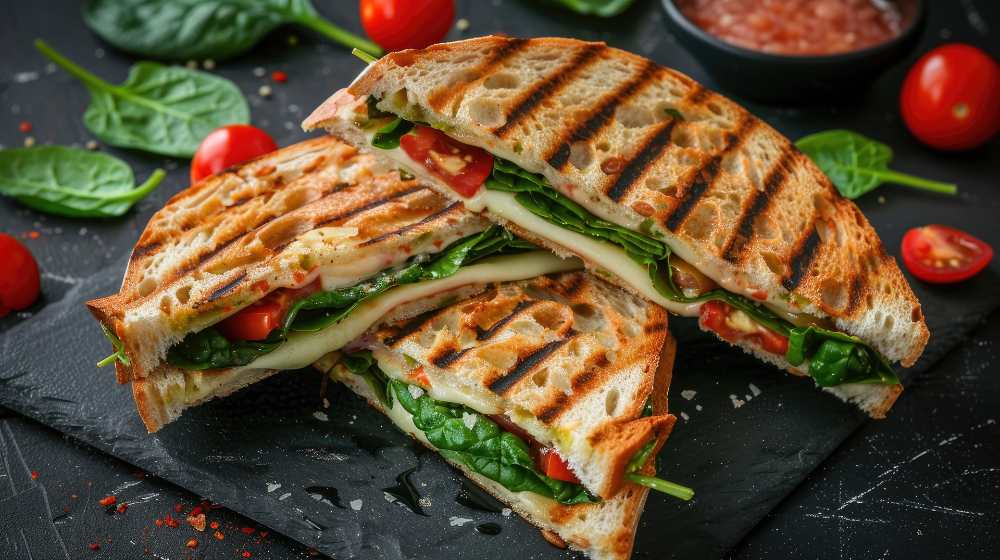 Vegetarian sandwich panini with spinach leaves, tomatoes and cheese, serve on a black cutting board on a black counter top wit spinach leaves and cherry tomato on the side , top close-up view.